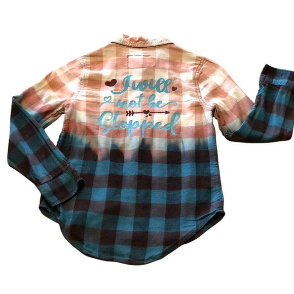 Upcycled Bleach Dyed Flannel Girl’s Shirt Size 8: Painted Inspirational Quote - Picture 2 of 11